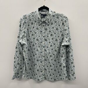 Lands end blue floral woman non-iron classic structured career button blouse 18P